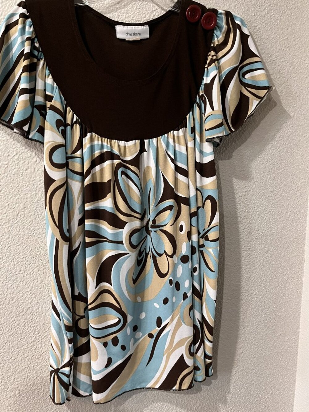 Dressbarn Top Blue, Tan & Chocolate Brown
